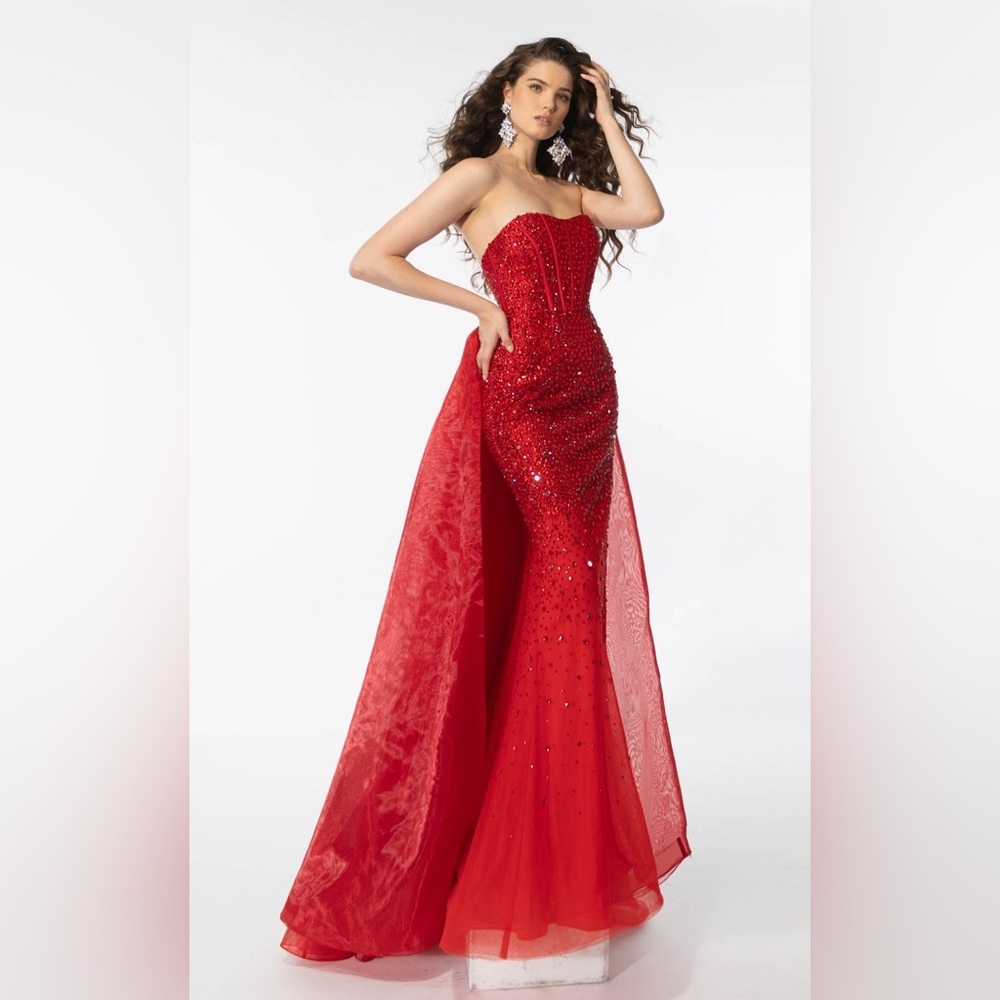AVA PRESLEY Sequin Prom Sparkly Pleated Corset Mermaid Red Dress MSRP$700 Size 4